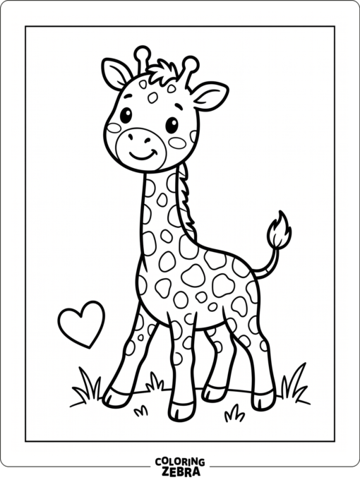 A cute baby giraffe with rounded features and a heart
