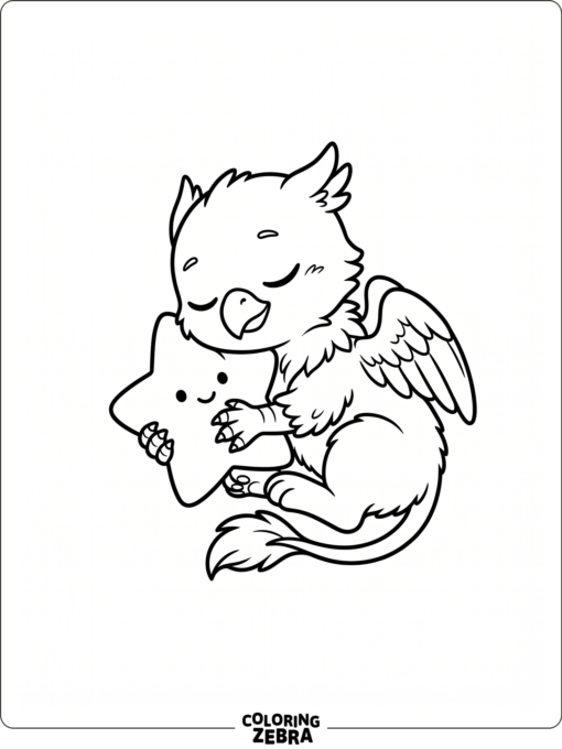 A baby griffin cuddling a star pillow
