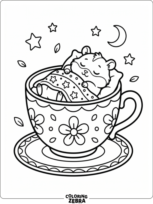 A baby hamster sleeping in a teacup with a blanket