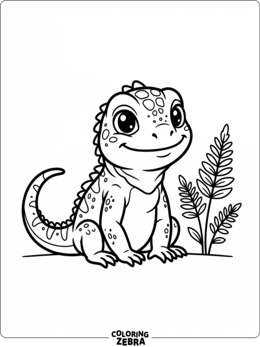 A cartoon baby iguana sitting beside a small fern