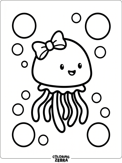 A tiny baby jellyfish with a bow and bubbles