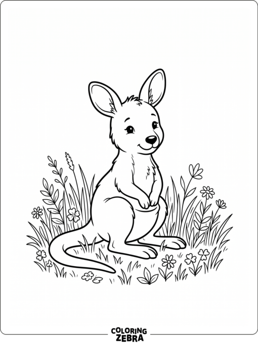 A tiny baby kangaroo sitting in grass with bold outlines