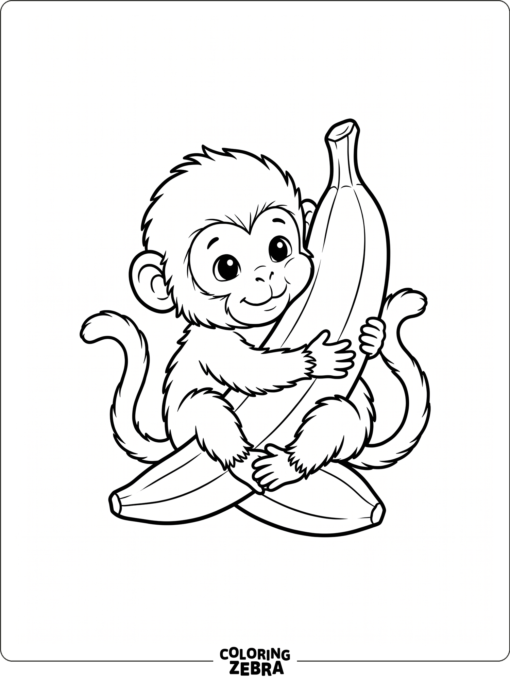 A cute baby monkey cuddling a banana