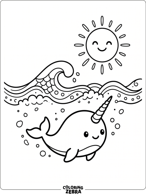 A tiny baby narwhal under a smiling sun