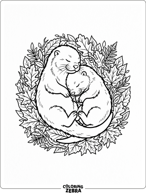 Two baby otters cuddled together on leaves