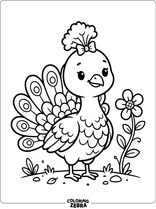 A baby peacock with a bow beside a flower