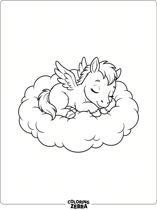 A tiny baby winged horse sleeping on a cloud