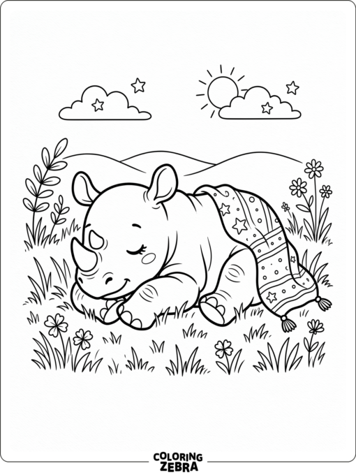 A baby rhino rests beside a blanket