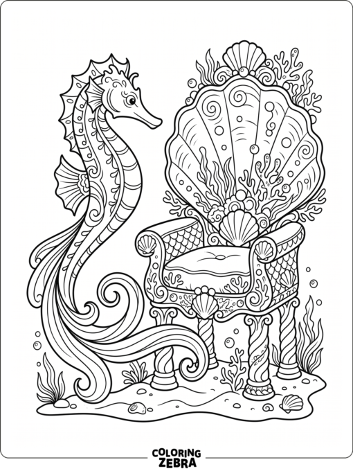 A seahorse beside a mermaid shell throne