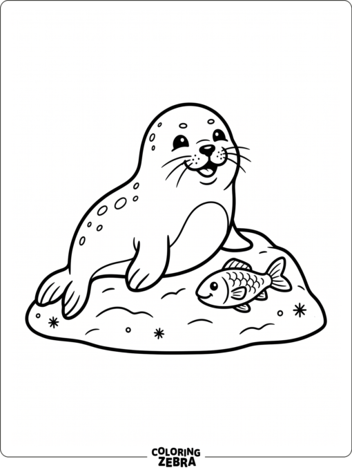 A cute baby seal with a fish and snowdrift