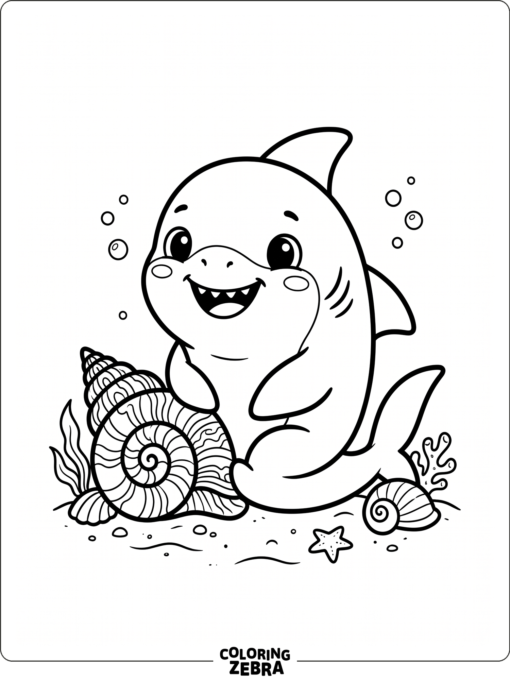 A cute baby shark beside a shell