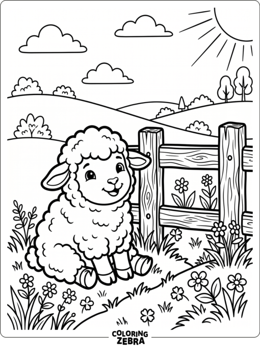 A cute baby lamb sits near a fence in a clean simple scene