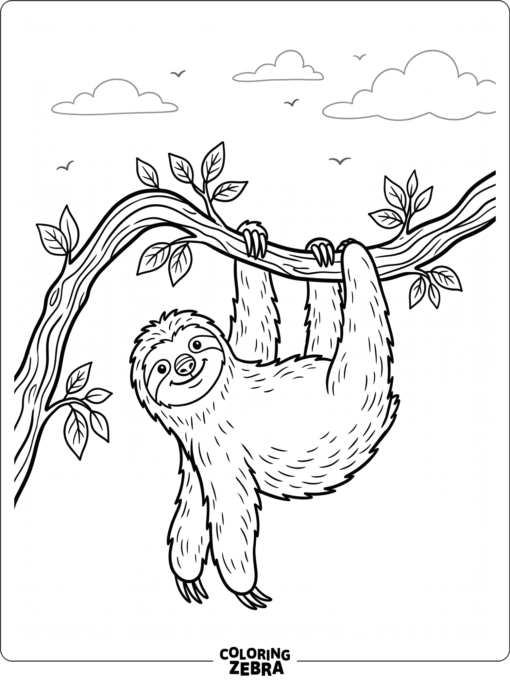 A sloth hanging from a curved branch