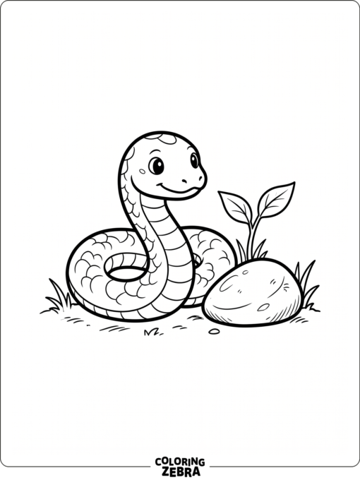 A baby snake curled beside a pebble and a sprout