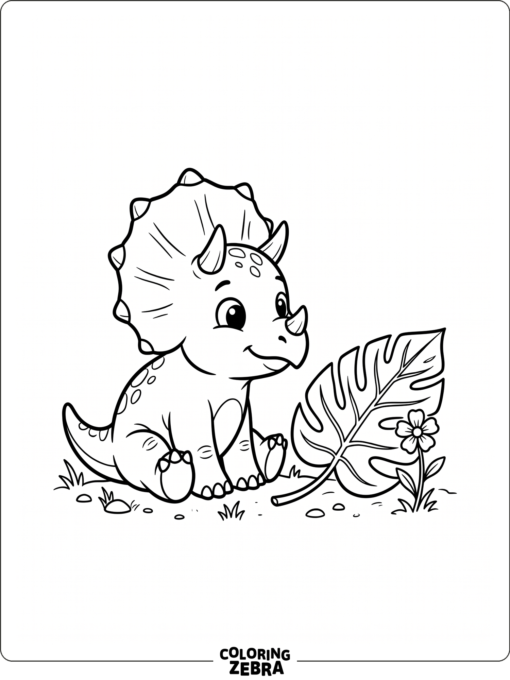 A baby triceratops sitting next to a leaf