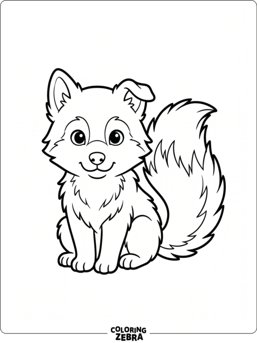 A small wolf pup sitting with a fluffy tail