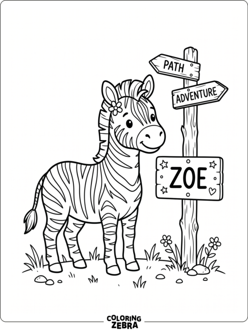 A zebra named Zoe standing by a sign