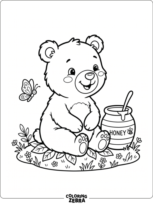A cute bear with a honey pot and butterfly
