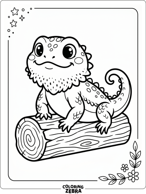 A cute bearded dragon with big eyes sitting on a log