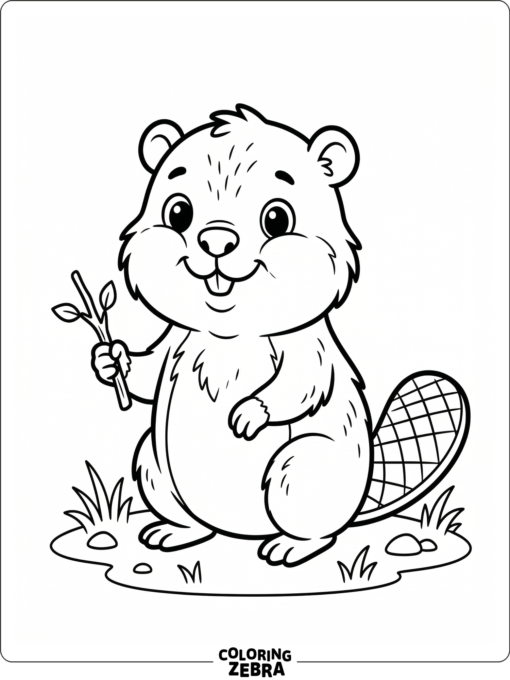 A cute beaver holding a twig with round eyes
