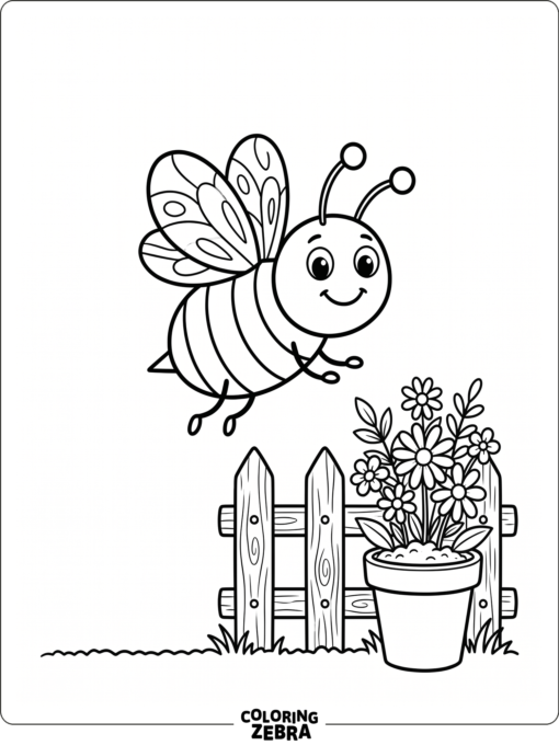A happy bee near a flower pot and fence