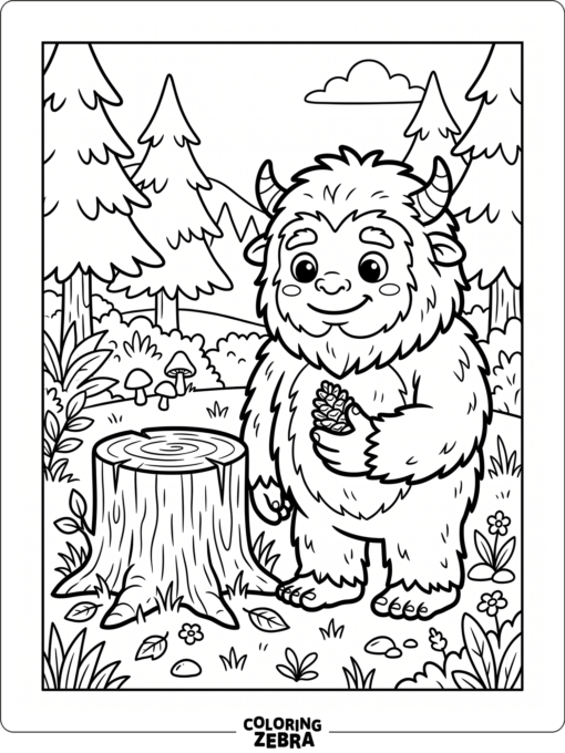 A cute bigfoot holds a pinecone beside a tree stump in a clean forest scene.