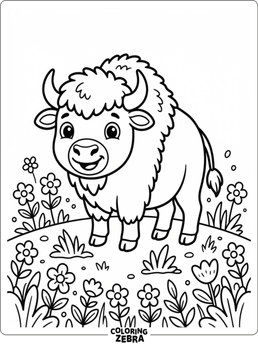 A cute bison with a round face and small flowers around it
