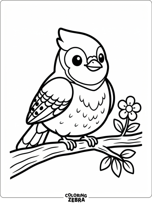 A cute blue jay sitting beside a flower