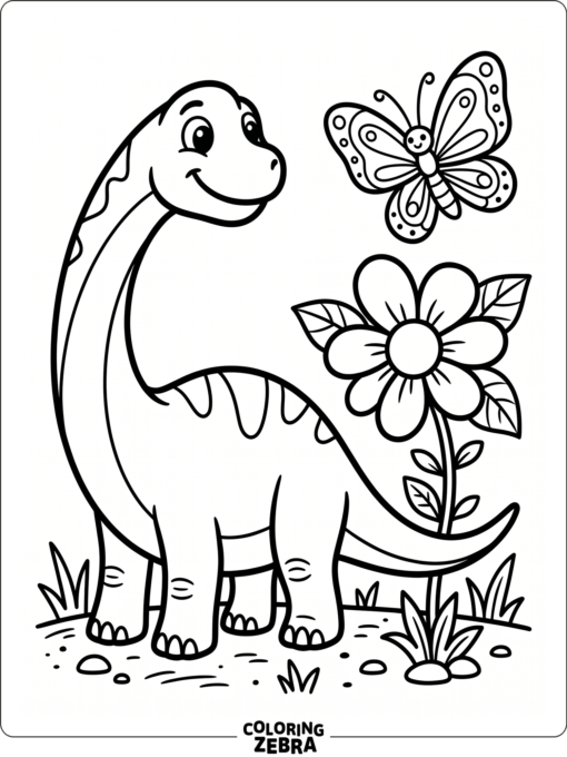A cute brachiosaurus stands by a flower and butterfly