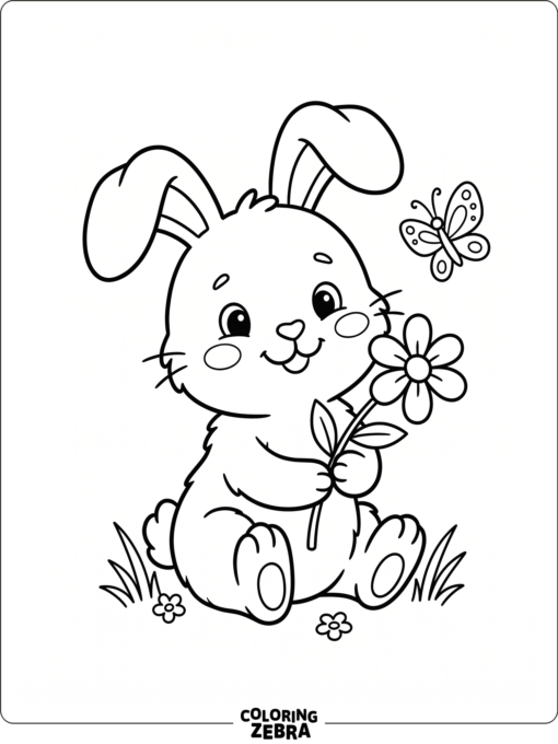 A cute bunny holding a flower with a butterfly nearby