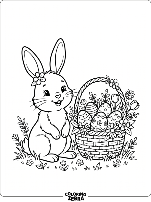 A cute bunny sitting beside a basket of eggs