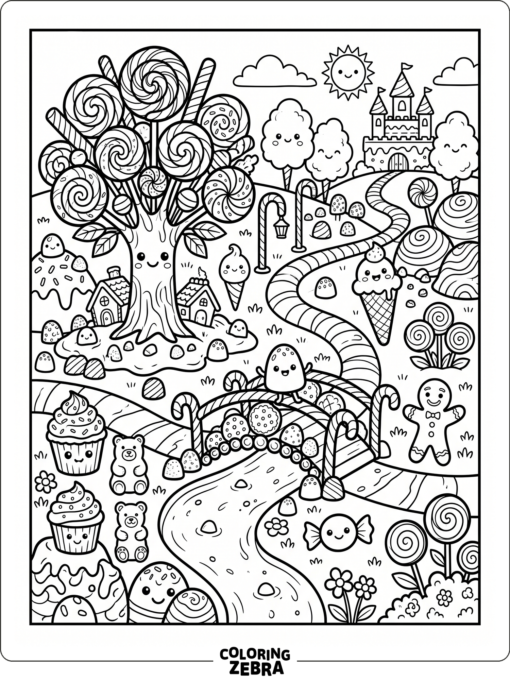 A cute Candyland scene with smiling sweets and a lollipop tree