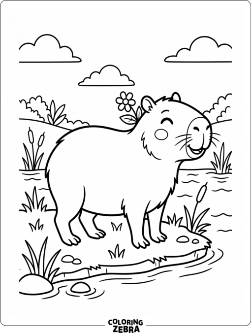 A smiling capybara with round cheeks and a small flower
