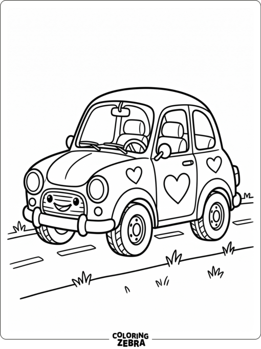 A cute little car with round headlights and heart decals