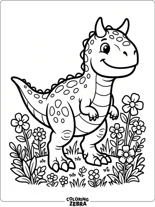 A cute carnotaurus with rounded horns near a small flower patch