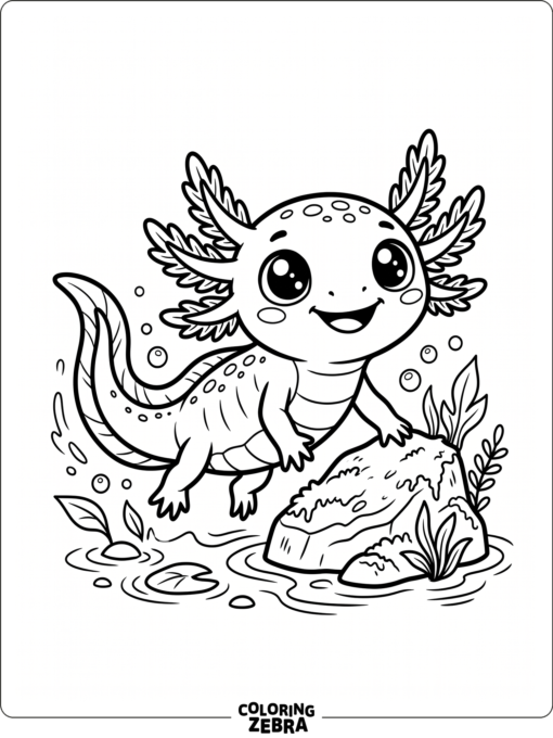 A cartoon axolotl with big eyes on a rock