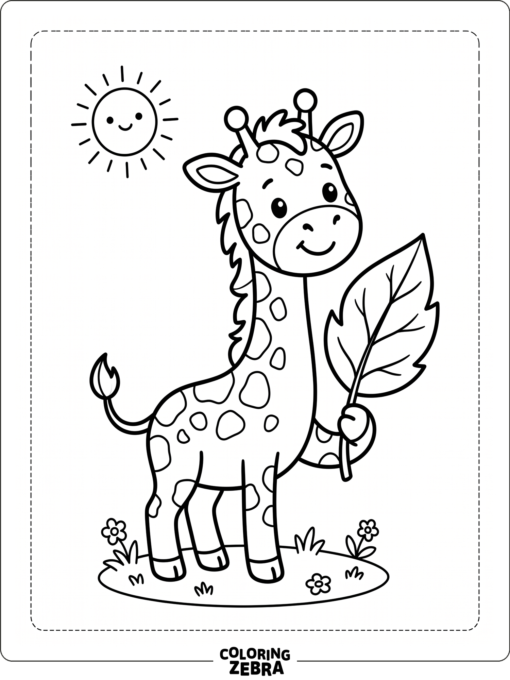 A cute cartoon giraffe holding a leaf under a sun