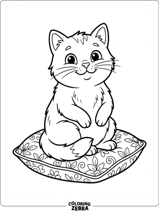 A smiling cat with big eyes sits on a cushion