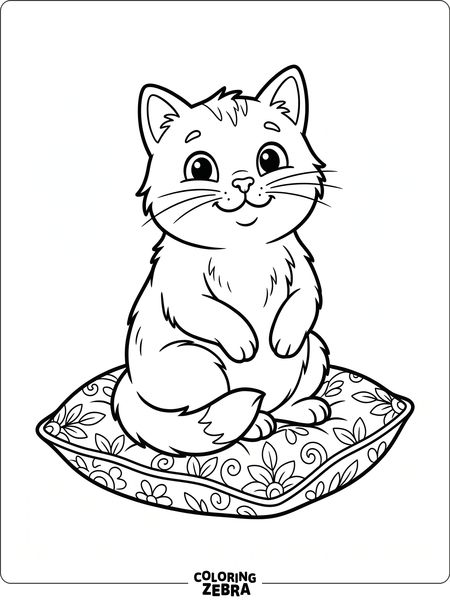 A smiling cat with big eyes sits on a cushion