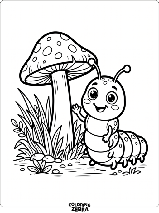A cute caterpillar near a mushroom and grass