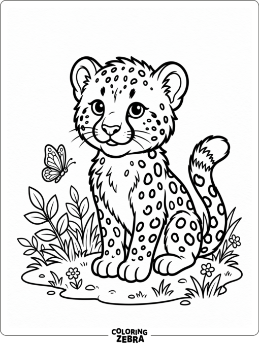 A cute cheetah cub sitting near a butterfly