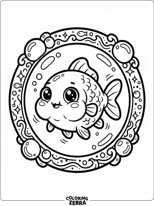 A cute chibi goldfish inside a bubble frame