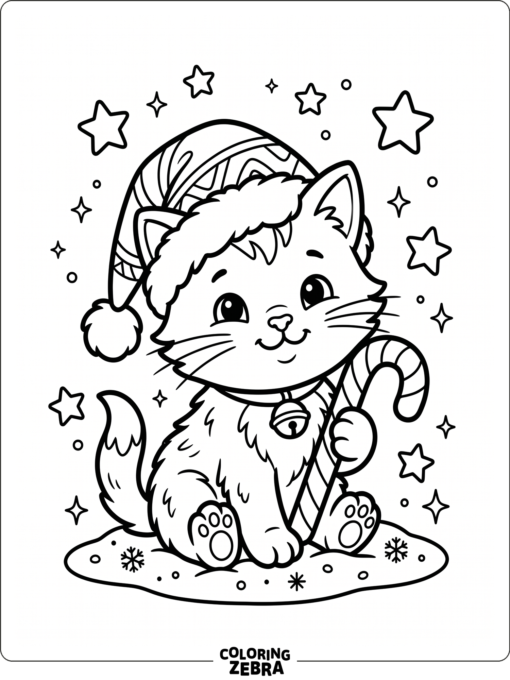 A cute kitten wearing a Santa hat with a candy cane
