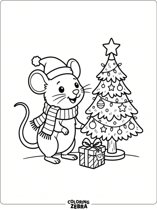 A mouse in a scarf beside a small Christmas tree