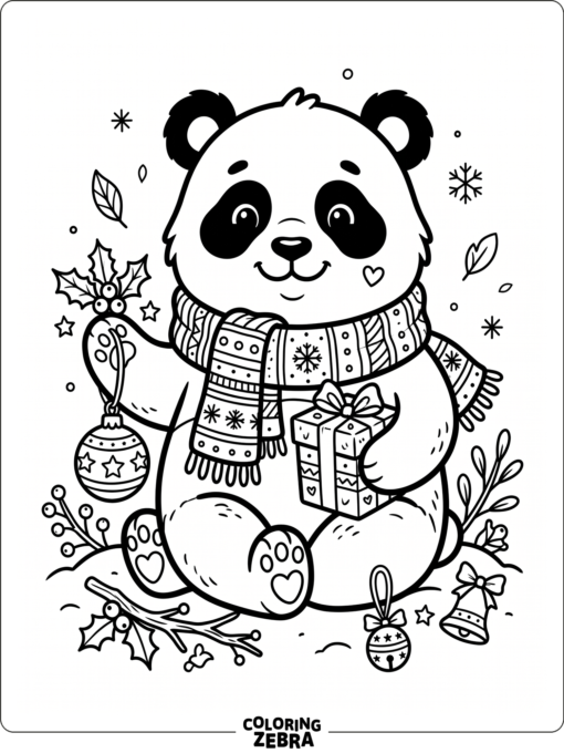 A cute panda wearing a scarf near ornaments