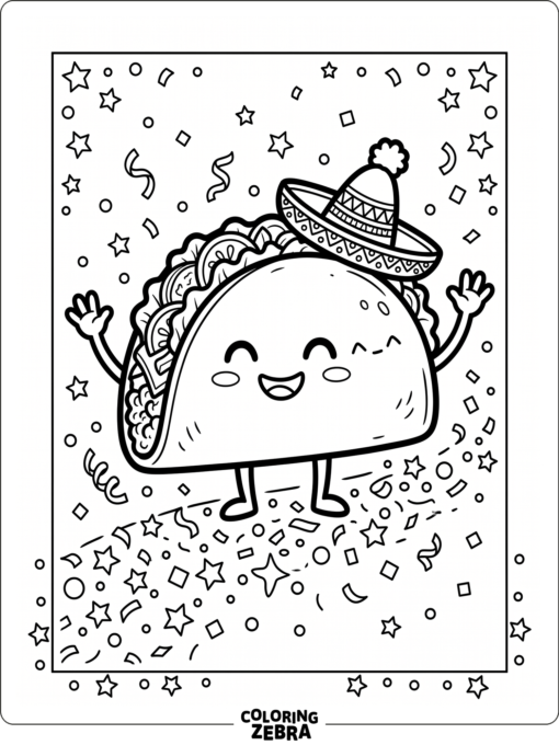 Cute taco wearing a sombrero with confetti