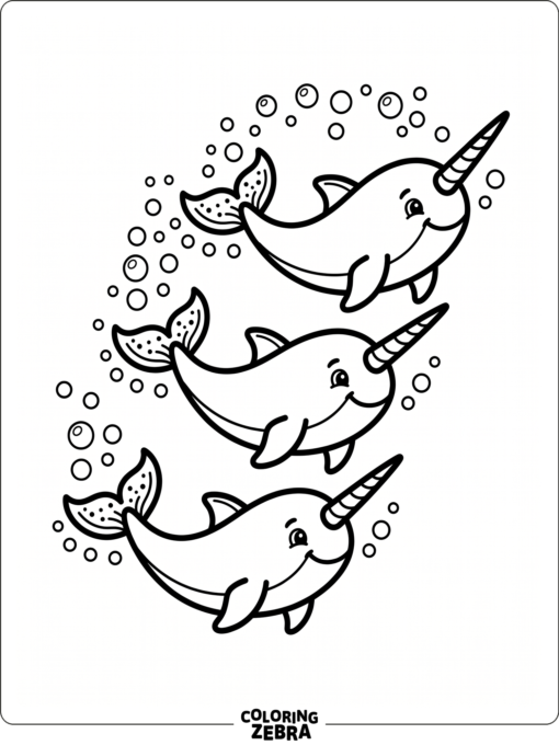 Three cute narwhals swimming together