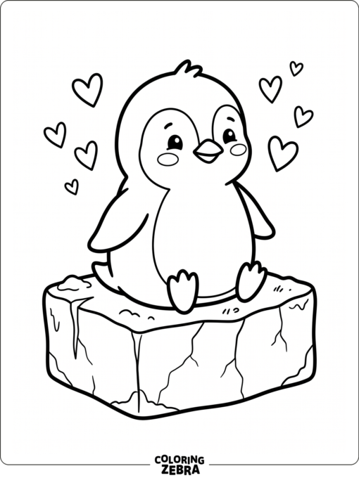 A cute penguin sitting on ice with hearts
