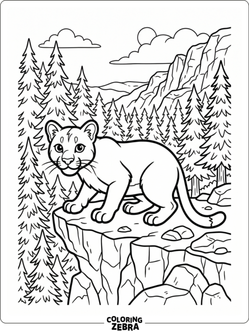 A cougar crouching on a rocky ledge