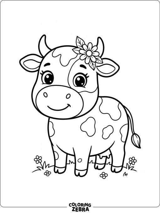 A cute cow with big eyes and a flower on its head sits in a simple pose.